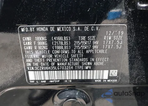 2020 Honda Hr-V Awd Lx из США, поврежденный, VIN 3CZRU6H35LG703214